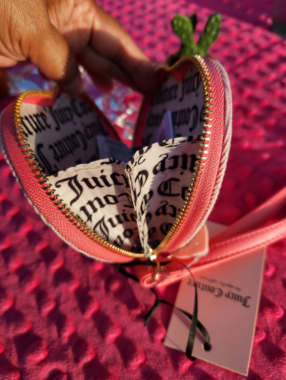Juicy Couture Pink Heart Wristlet Coin Purse with Strawberry Embroidery - Picture 3 of 7